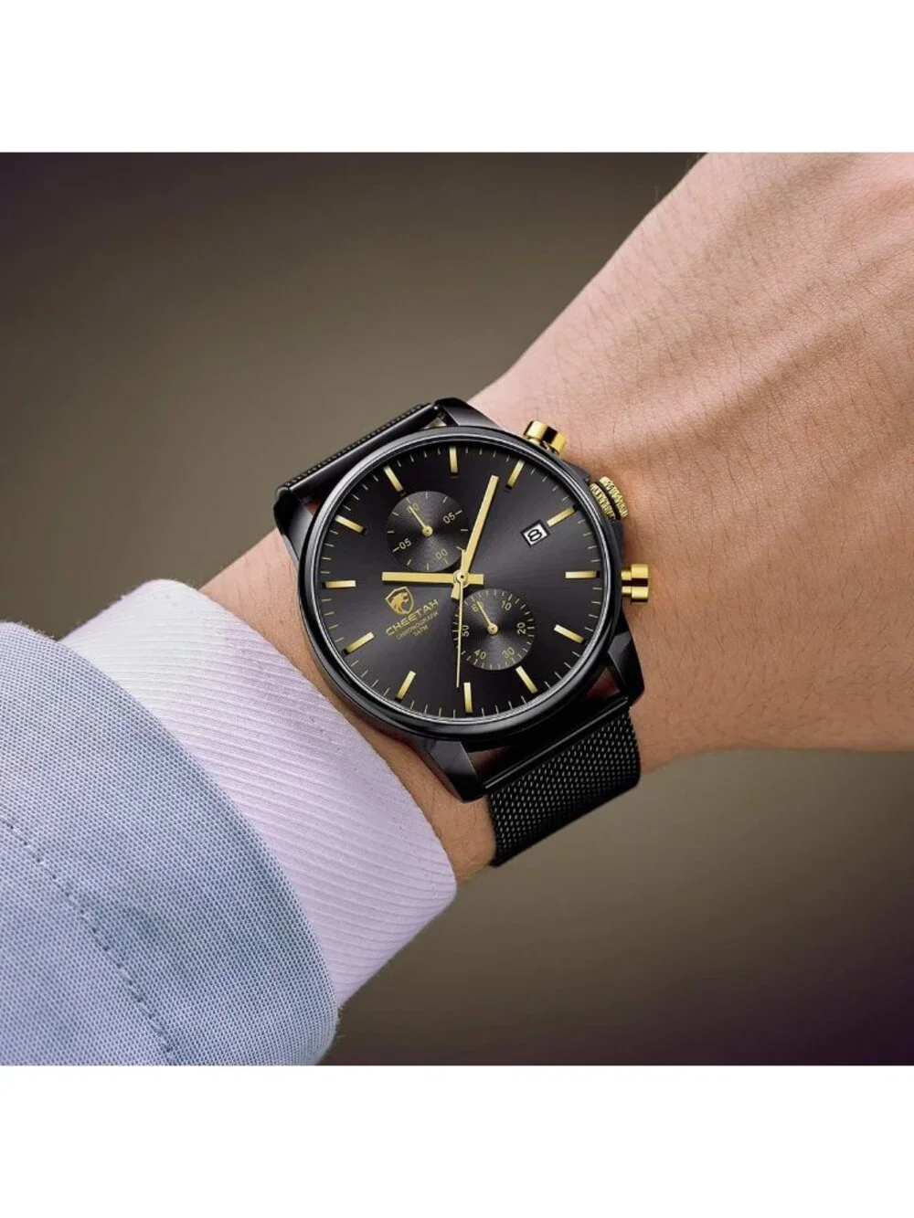Men's New Gold Black Stainless Steel Minimalist Quartz Analog Chronograph Watch